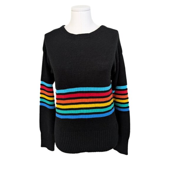 Black & Rainbow Striped Crew Neck Knit Sweater Womens Cozy Chunky Colourful Sz L - Picture 1 of 9